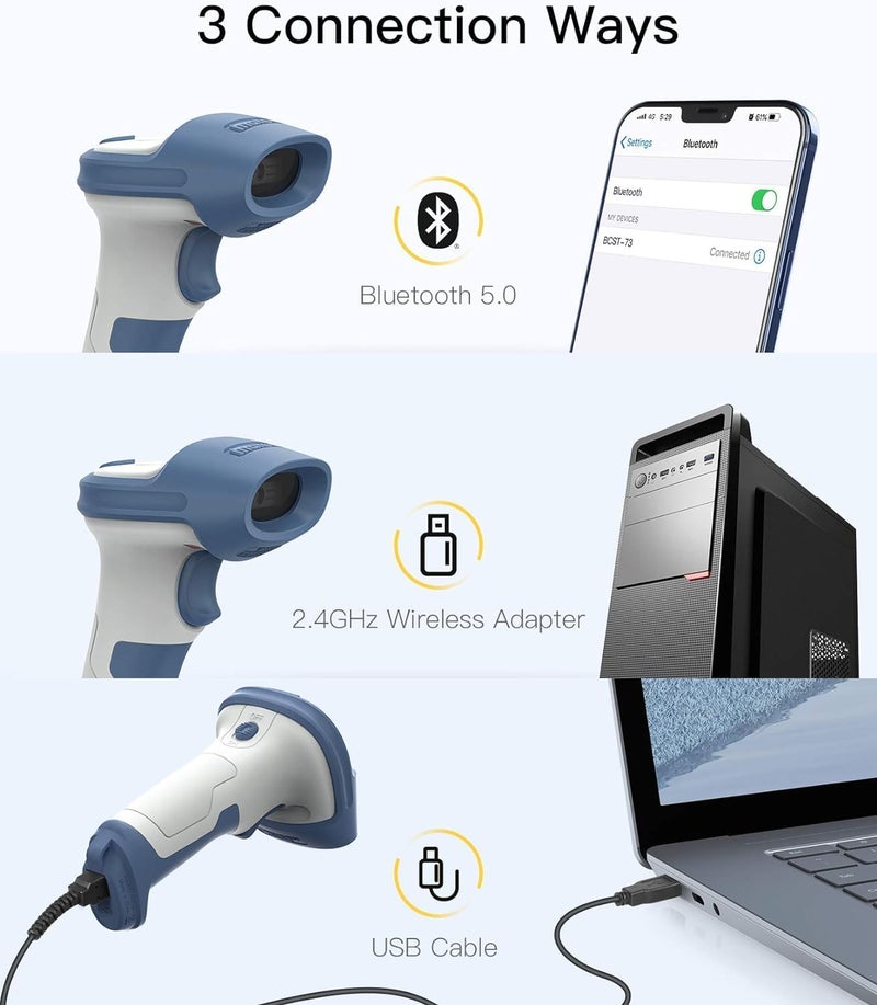Inateck ماسح الباركود بلوتوث، ماسح باركود لاسلكي 2D، محول بلوتوث 5.0 و 2.4Ghz، قارئ 3 في 1، يدعم باركود GS1، BCST-73 أزرق أبيض - Image 3